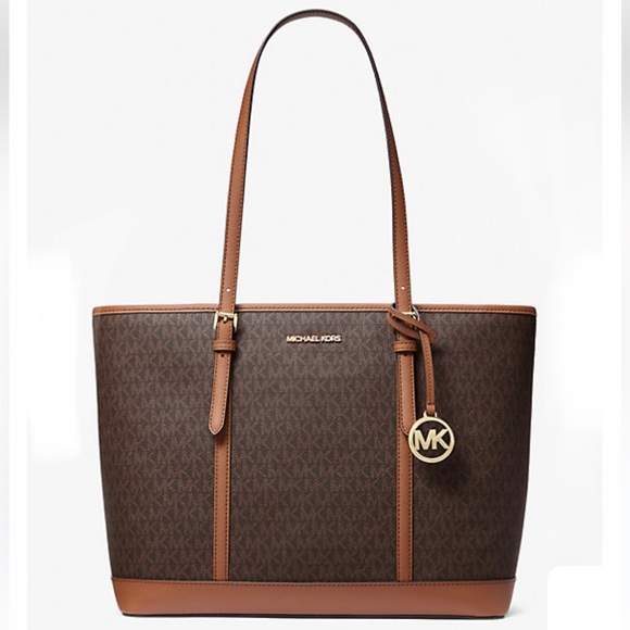 MICHAEL KORS 
Jet Set Travel Large Logo Tote Bag BROWN/BLACK SIGNATURE C… - Picture 3 of 15